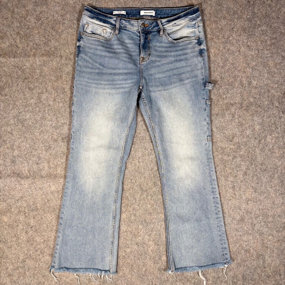 Vigoss Marley Crop Boot Jeans Womens 30 Light Blue Carpenter Utility Raw Hem